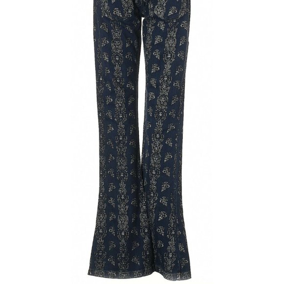 Free People Silver Denim Metallic Printed Floral Boho Flared Blue Jeans - Picture 2 of 3